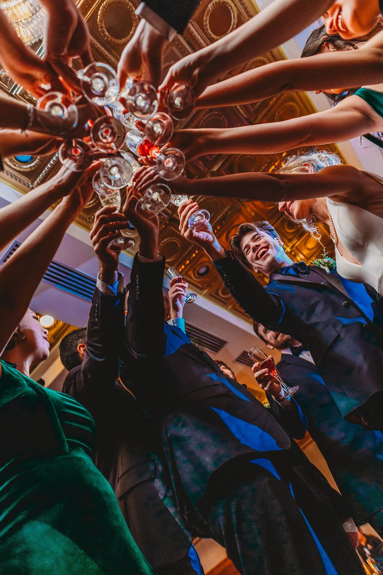 A wedding party raising a toast